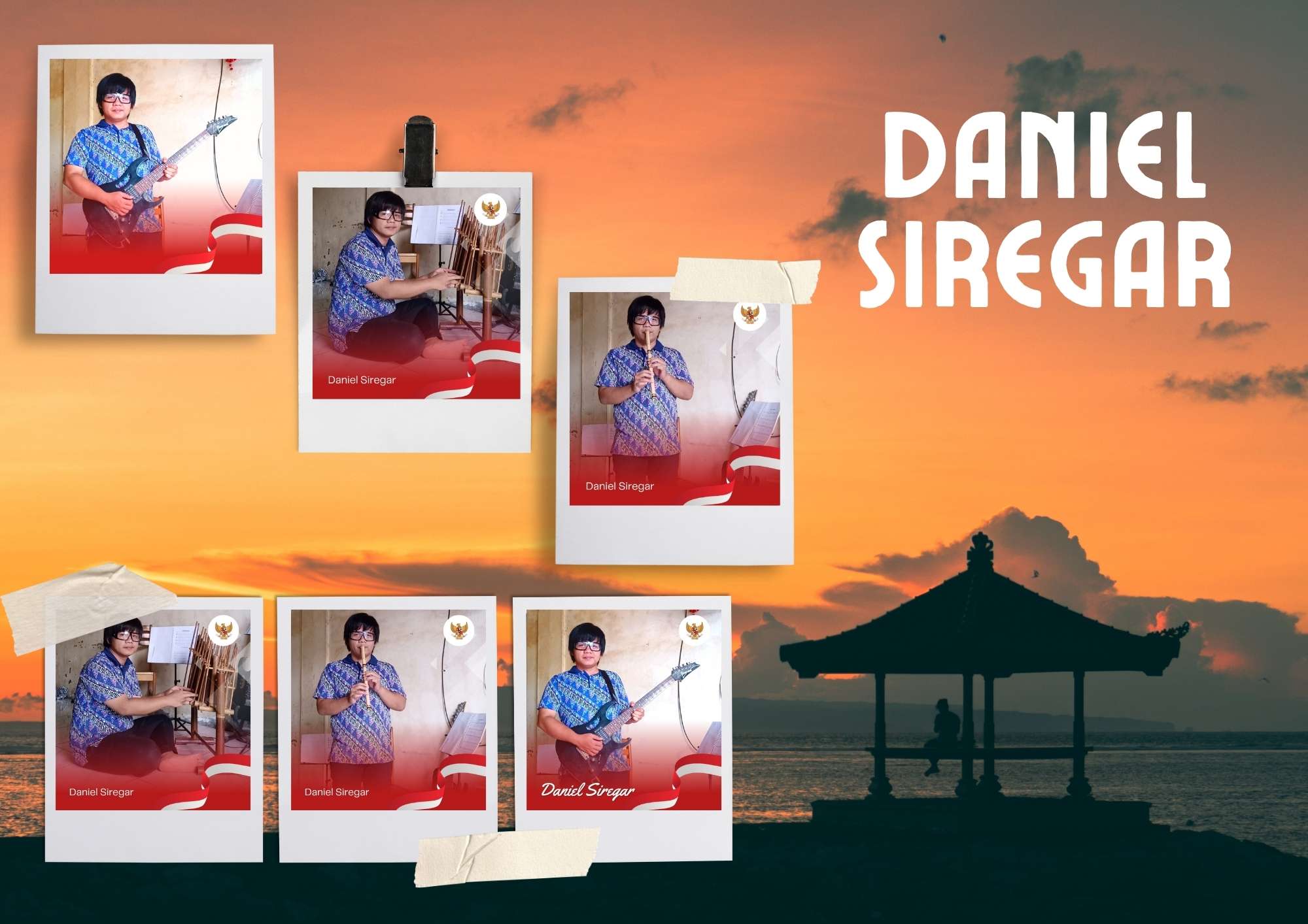 Kumpulan foto Daniel Siregar yang menunjukkan dia sedang bermain alat musik, dengan latar belakang sunset yang indah.